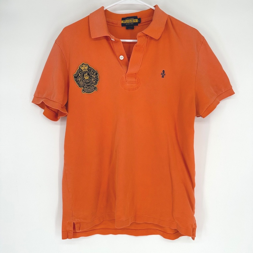 Ralph Lauren Rugby Mens Large Orange Crest Skull Polo Shirt Distressed Patch 3